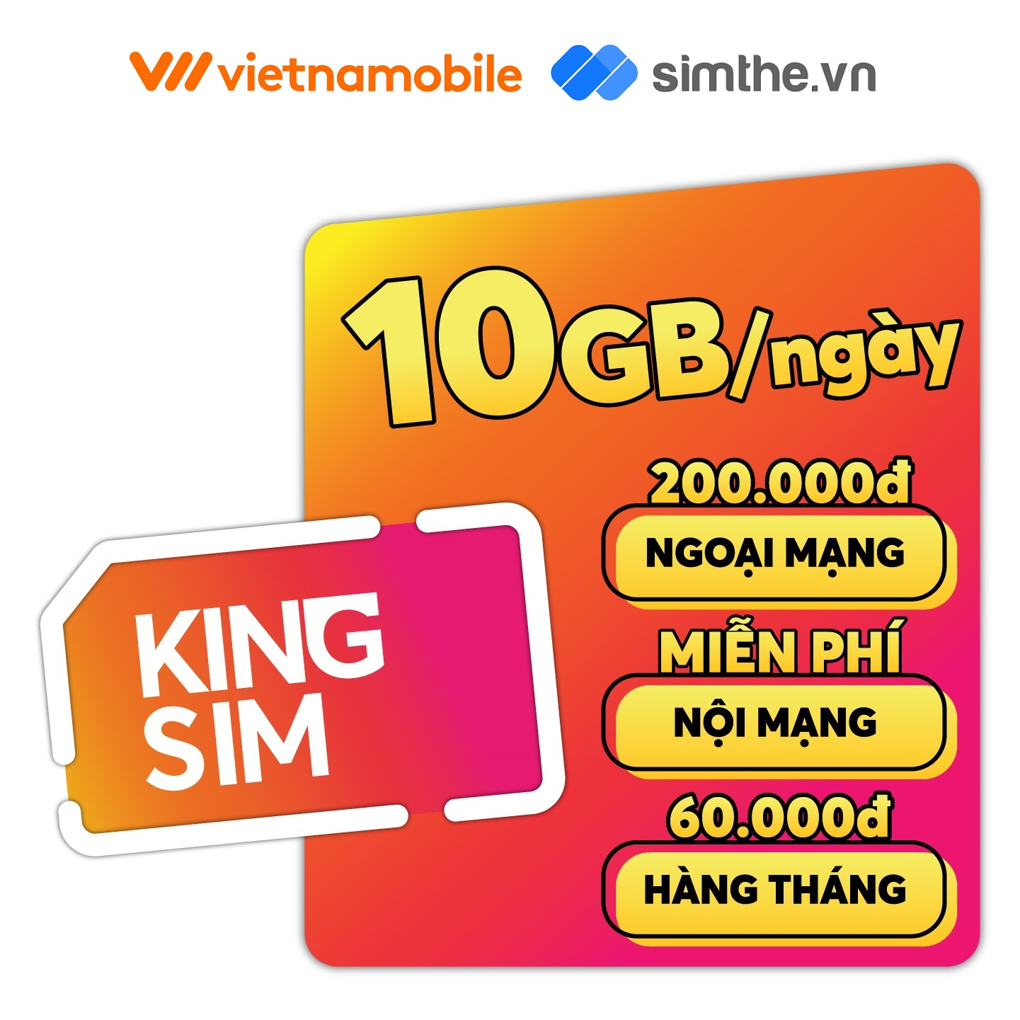 [FREE 30 Ngày] Sim Vietnamobile King 10GB/Ngày (300GB/Tháng) + 100P Ngoại Mạng +Nội Mạng +TK 200K. Dùng 20 Tỉnh Miền Nam