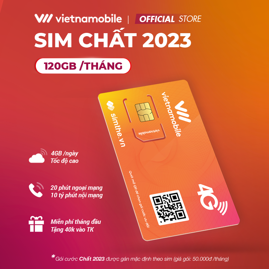 [FREE 1 Tháng] Sim Vietnamobile CHẤT 2023 Data 4GB/Ngày (120GB/Tháng). Miễn Phí 20P Gọi Ngoại Mạng + Nội Mạng + TKLM 40K