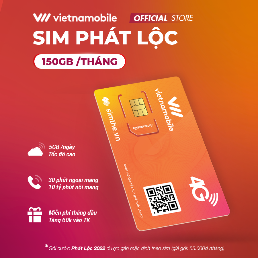 [FREE 1 Tháng] Sim 4G Vietnamobile Phát Lộc Data 5Gb/Ngày (150Gb/Tháng). Miễn Phí 30P Gọi Ngoại Mạng + Nội Mạng + TK 60K