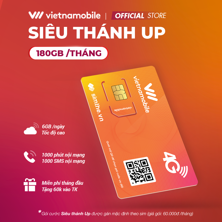 [FREE 1 Tháng] Sim 4G Vietnamobile Siêu Thánh UP Data 6Gb/Ngày (180Gb/Tháng). FREE Gọi + SMS Nội Mạng. Tặng 60K Trong TK