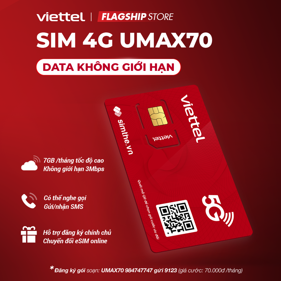 [FREE 1 Tháng] Sim Viettel 4G UMAX70 Data Không Giới Hạn, Max Băng Thông Chỉ 70k/Tháng. Dùng Trên Toàn Quốc - Chính Hãng