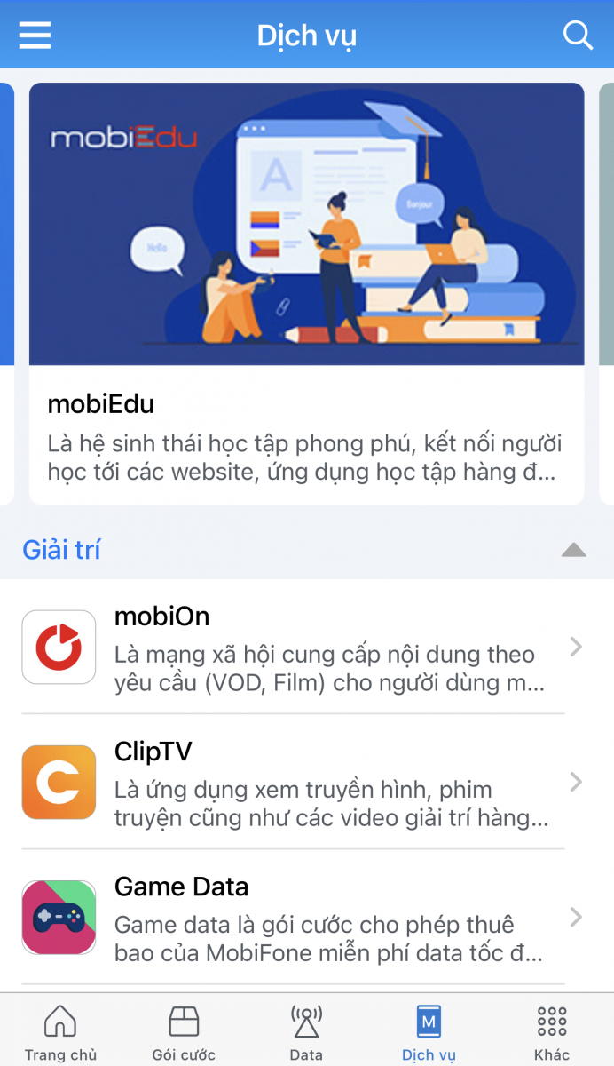 Cac dịch vu tien ich khi su dung ung dung My Mobifone